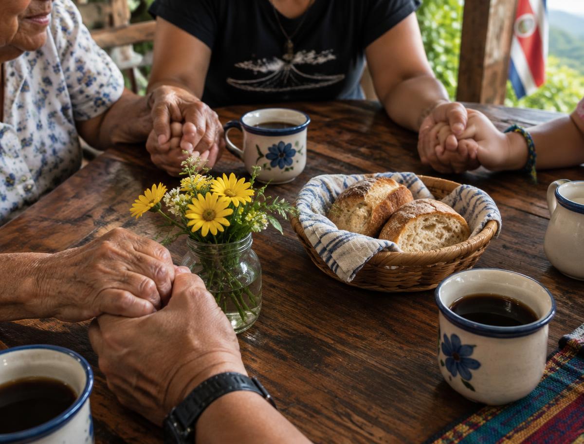 Manos unidas alrededor de una mesa con pan y café