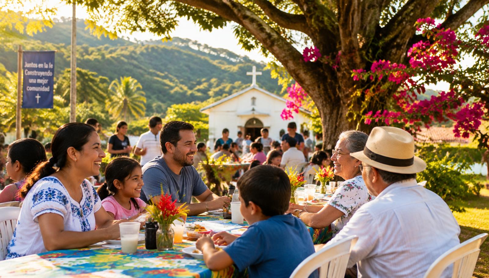 Familias compartiendo una mesa bajo un árbol frente a la iglesia