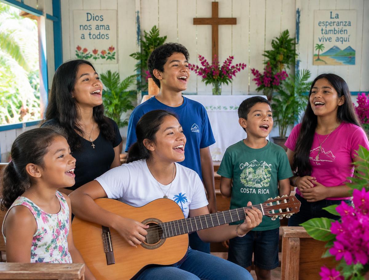 Jóvenes cantando con guitarra en la capilla